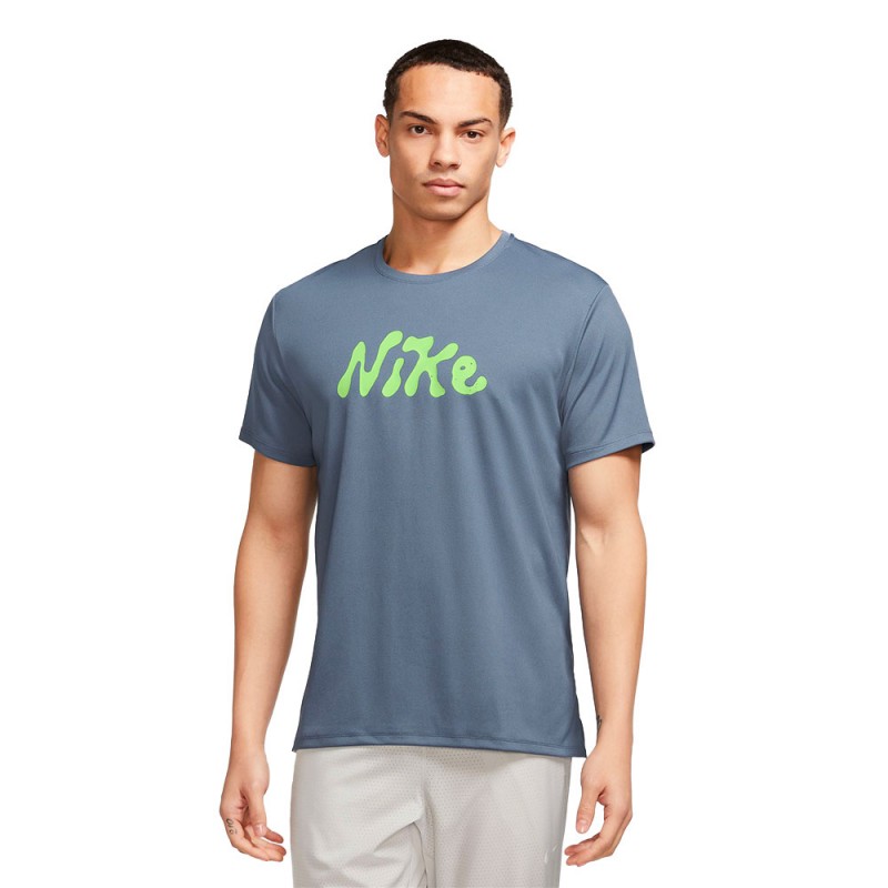 Nike T Shirt Running Miler S72 Diffused Blue Lime Uomo