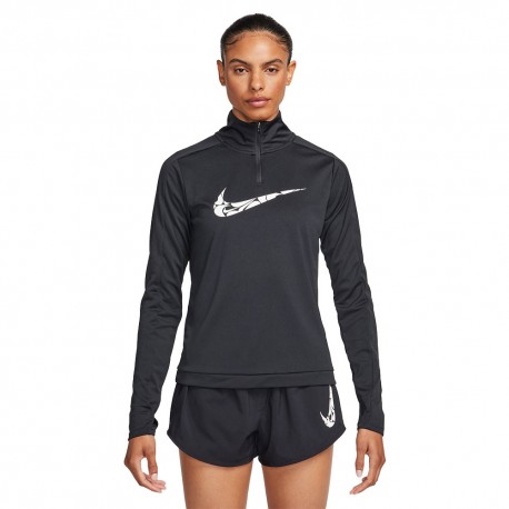 Nike Maglia Running Manica Lunga Top Hzip Swoosh Nero Bianco Donna